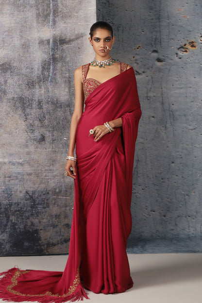 Zar:Rang Maroon Heavy Fringe Saree Set