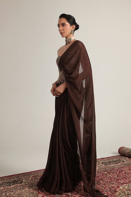 Zar:Rang Brown Double Corset Saree Set