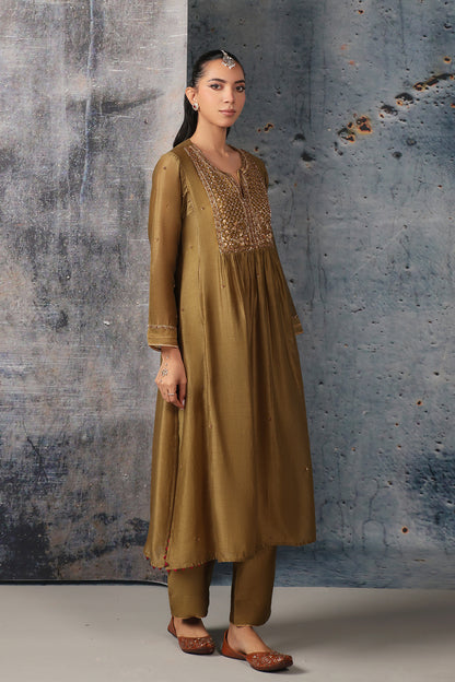 Mehrang Olive Green Frockstyle Kurta Set