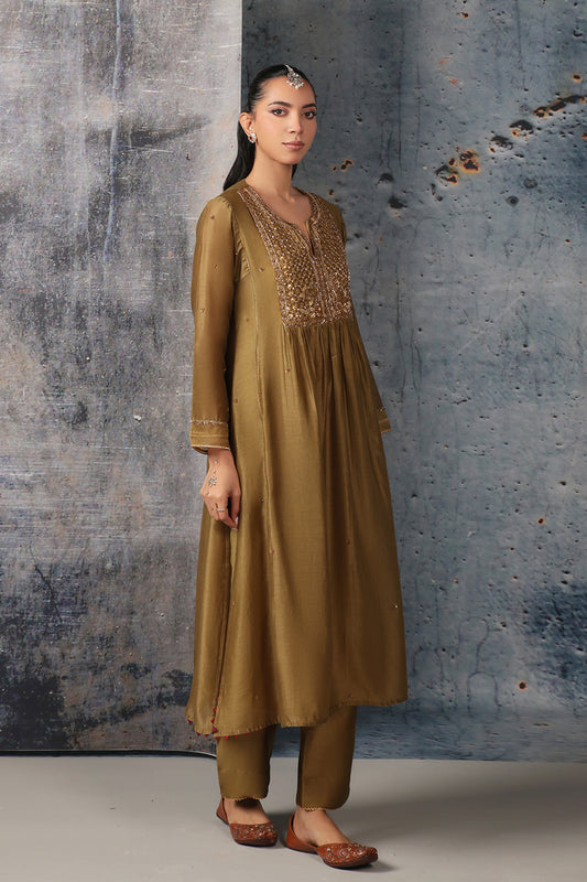Mehrang Olive Green Frockstyle Kurta Set