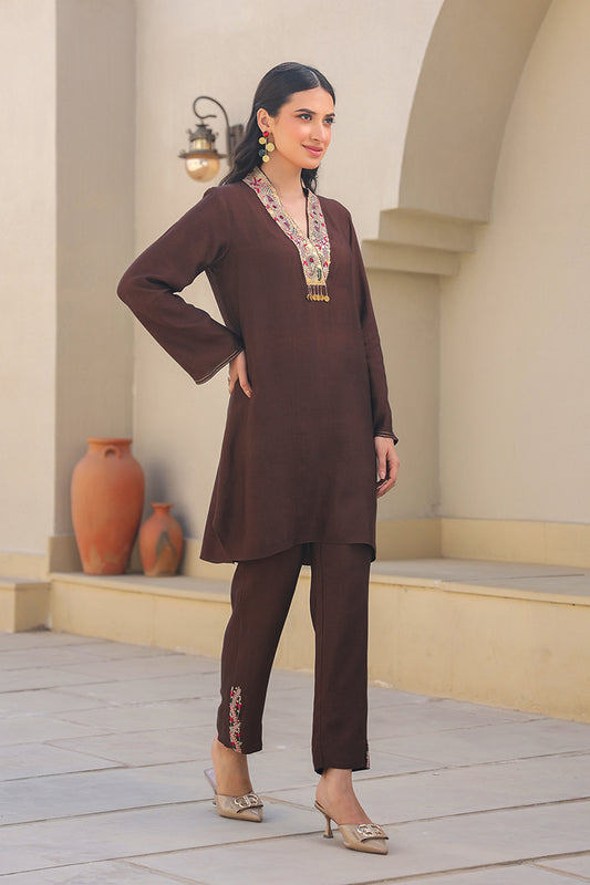 Brown Zardozi Paisley V Neck Co-ord Set