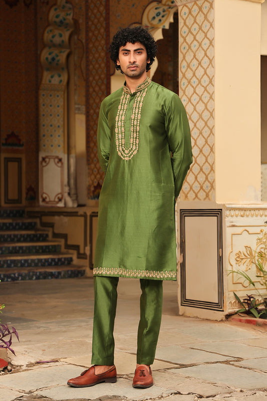 Ahista Green Tikki Embroidered Neckline Kurta Set