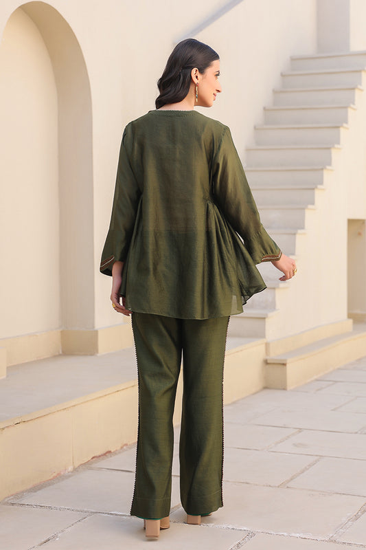 Olive Green V Neck Gathered  Co-ord Set