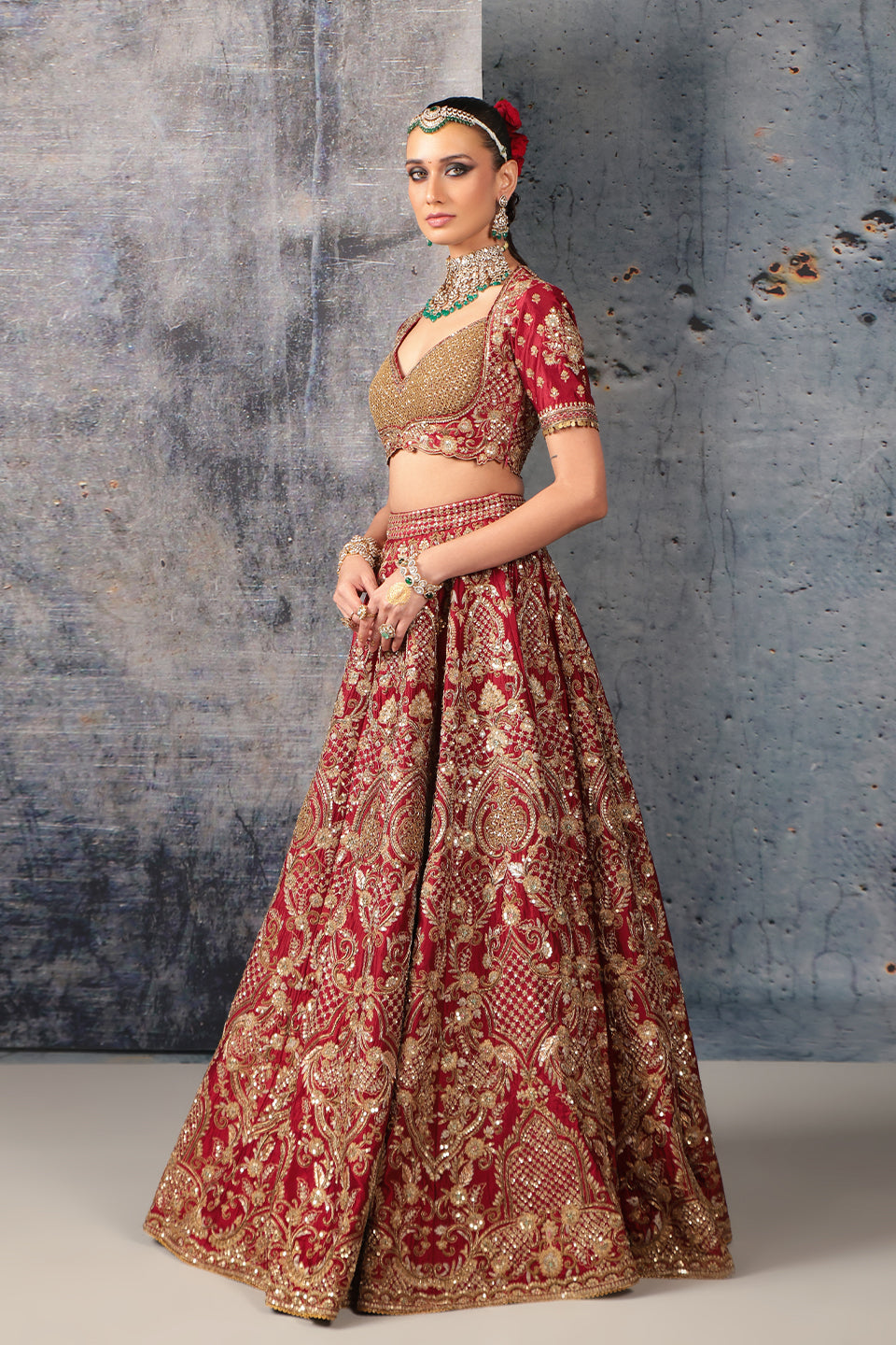 Zar:Rang Maroon Heavy Jaal Lehenga Set