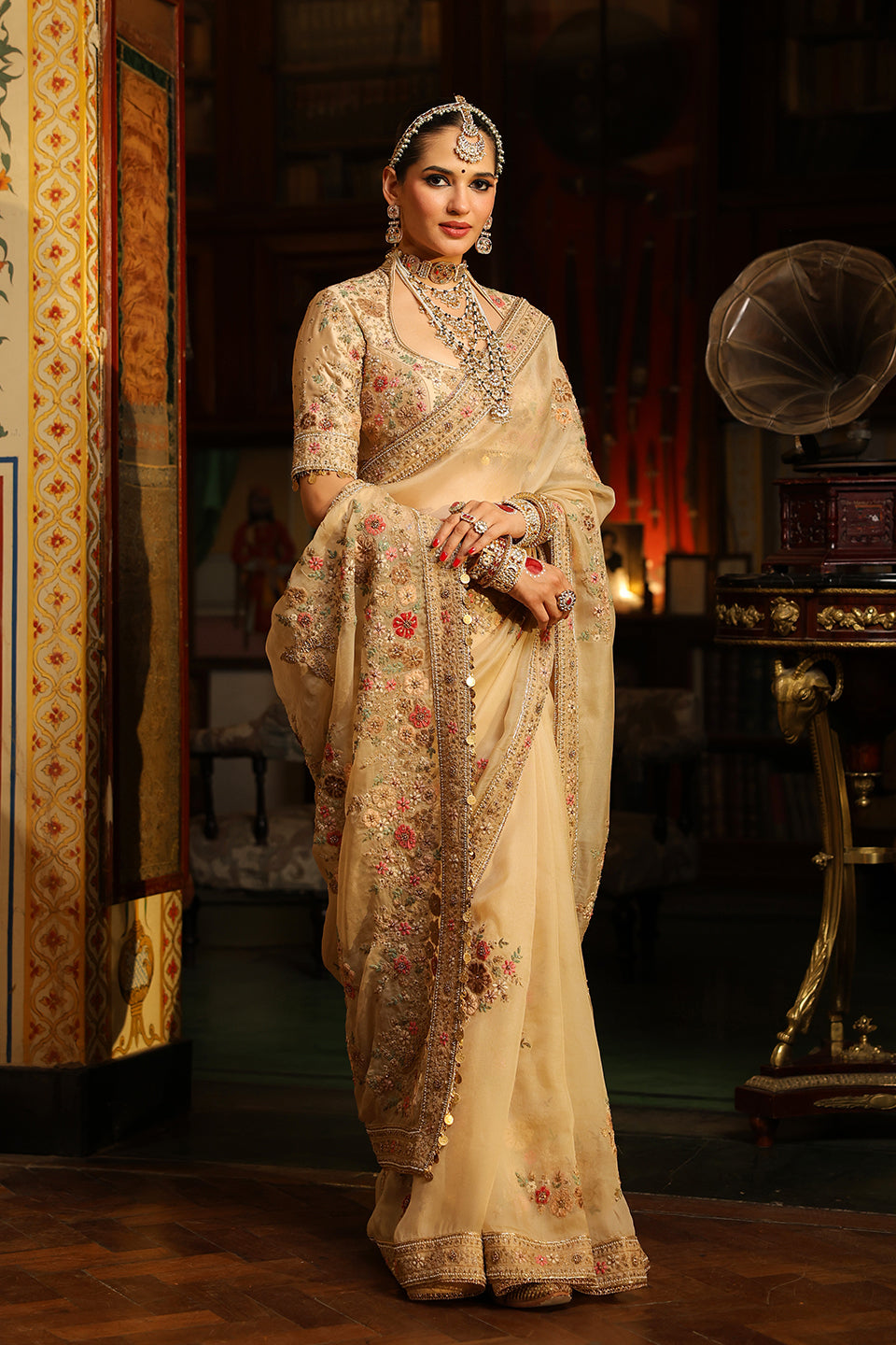 Ahista Ivory Mayur Applique Saree Set