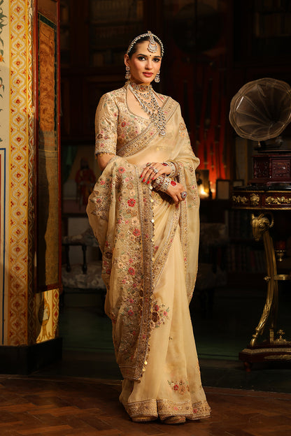 Ahista Ivory Mayur Applique Saree Set