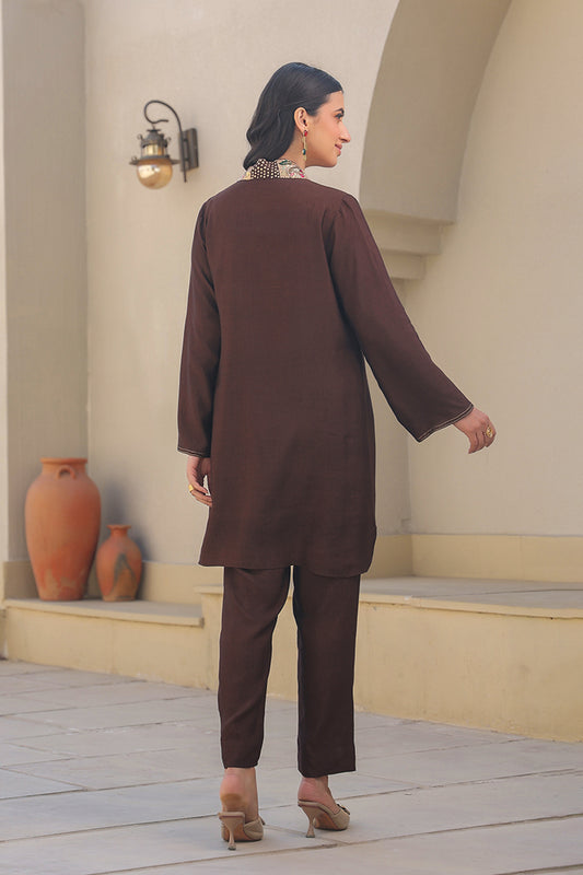Brown Zardozi Paisley V Neck Co-ord Set