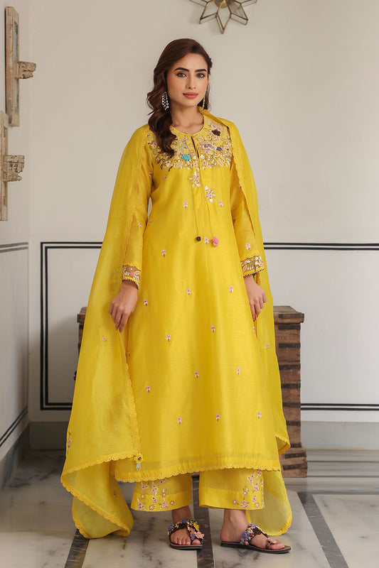 Gulzar Yellow Choker Neck Kurta Set