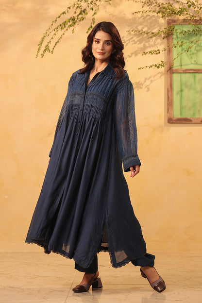 Vaayu Dark Blue Pintuck Collar Kurta Set