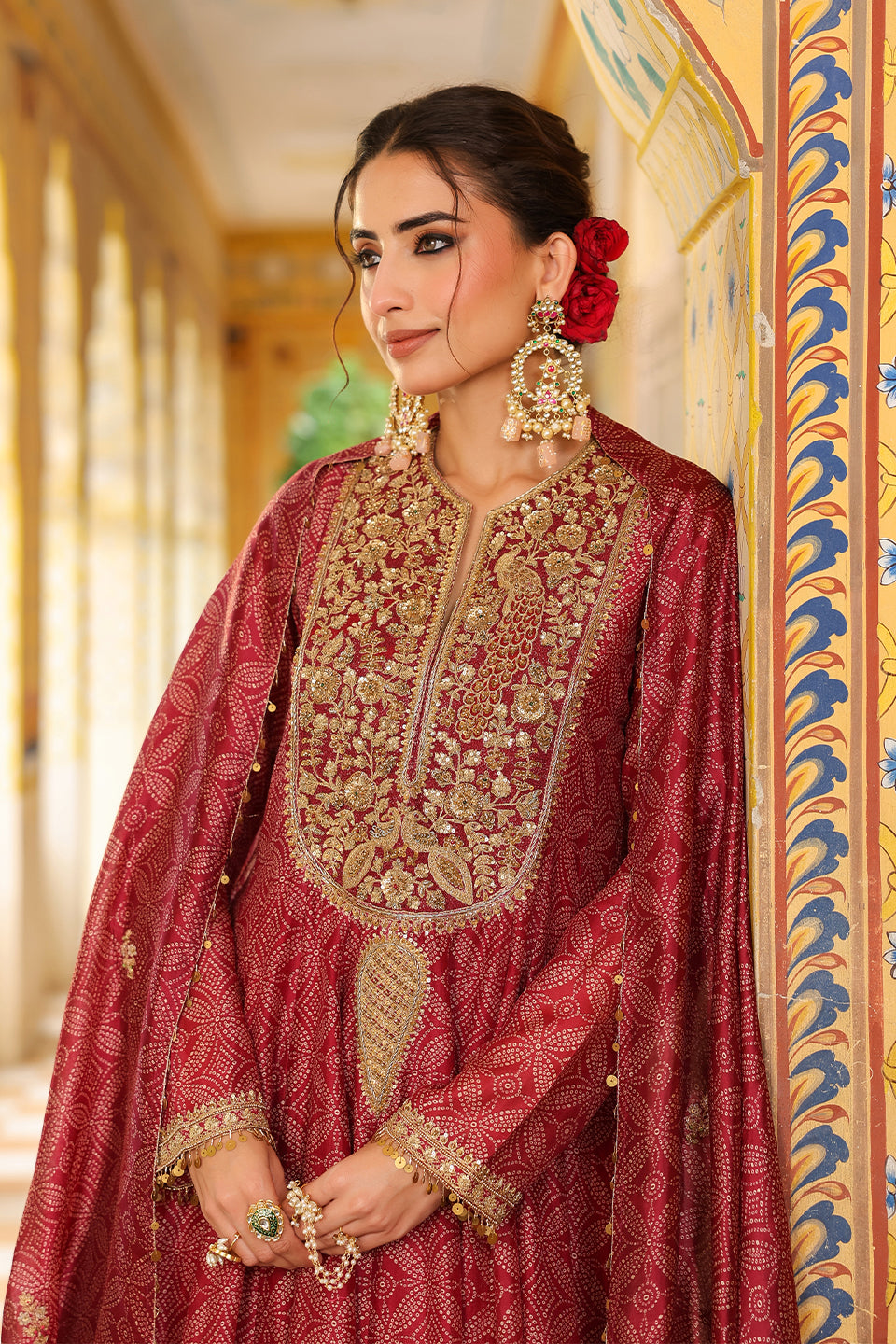 Ahista Maroon Printed Kalidar Set