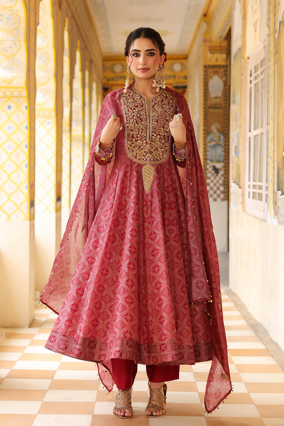 Ahista Maroon Printed Kalidar Set