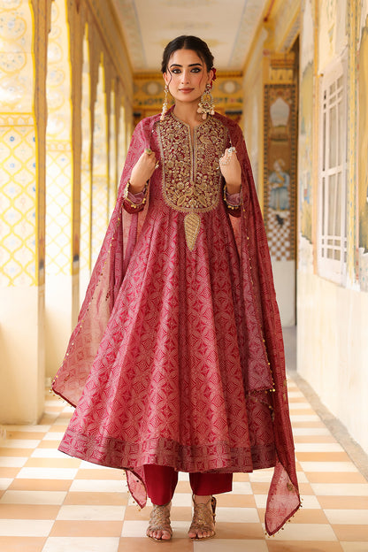 Ahista Maroon Printed Kalidar Set