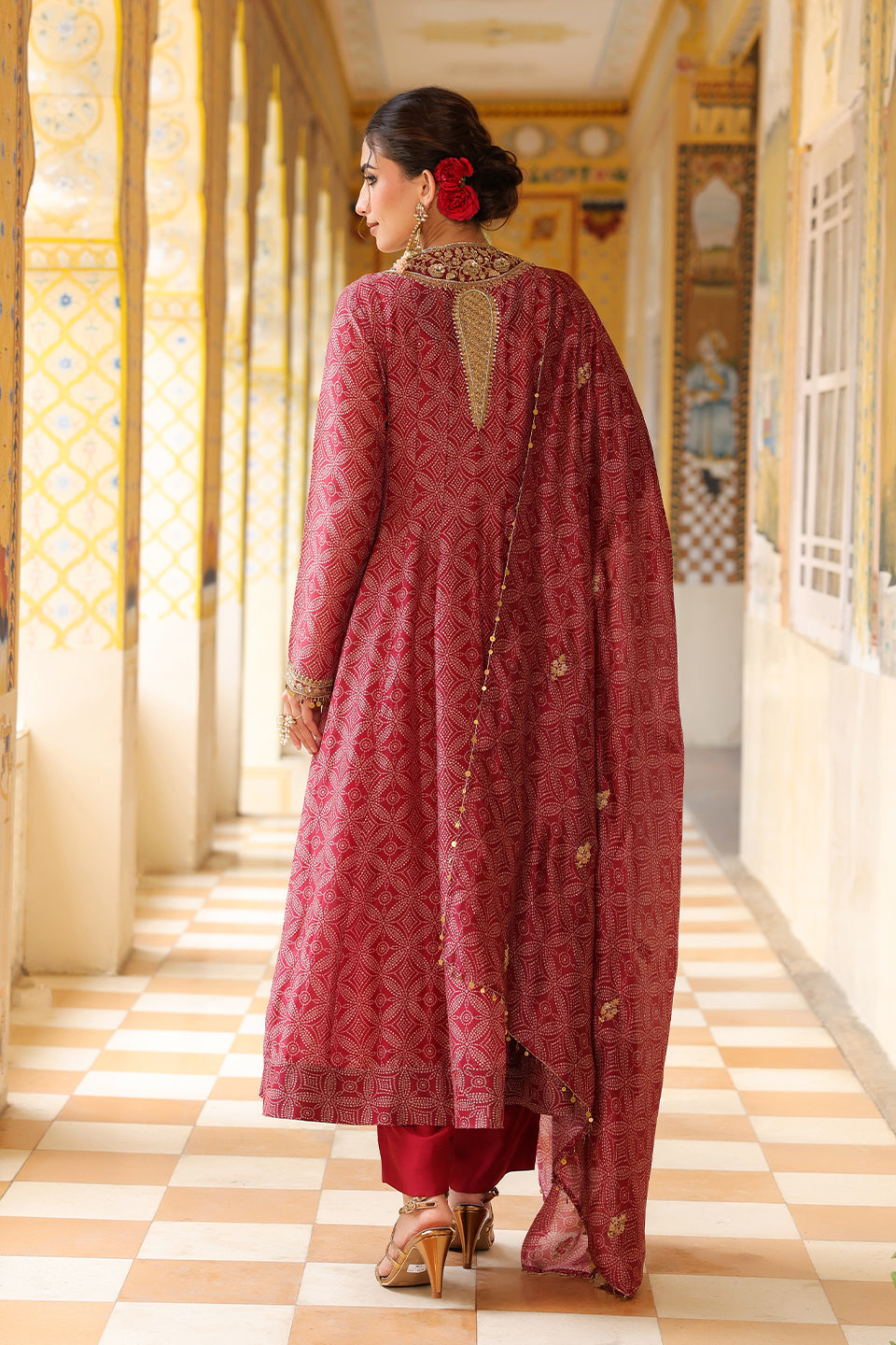 Ahista Maroon Printed Kalidar Set