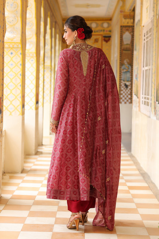 Ahista Maroon Printed Kalidar Set