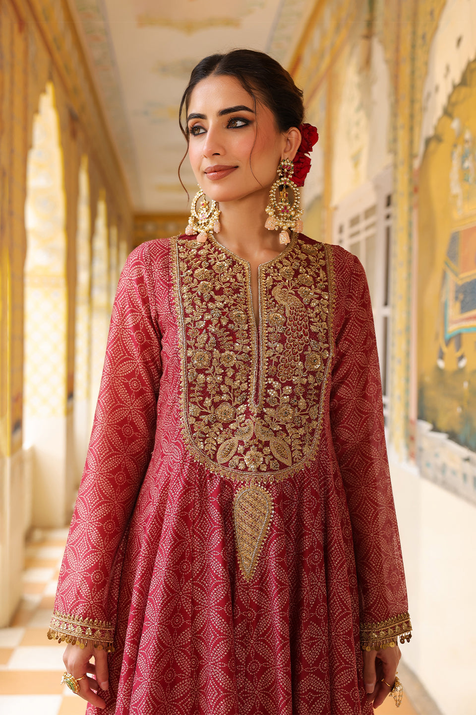 Ahista Maroon Printed Kalidar Set