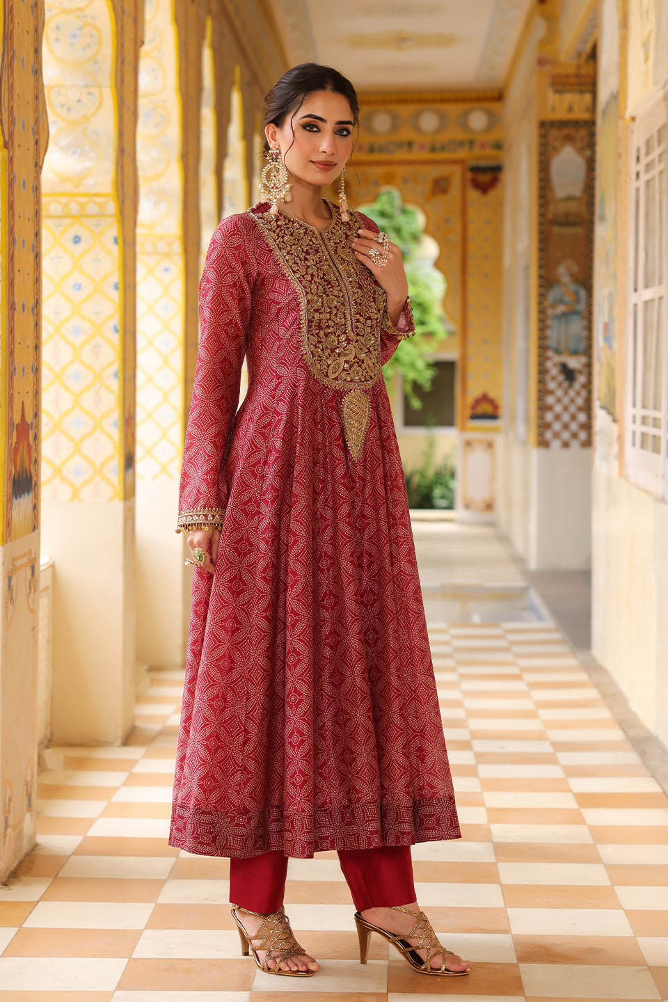 Ahista Maroon Printed Kalidar Set