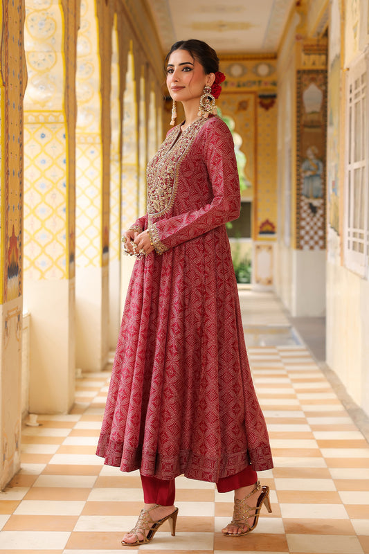 Ahista Maroon Printed Kalidar Set