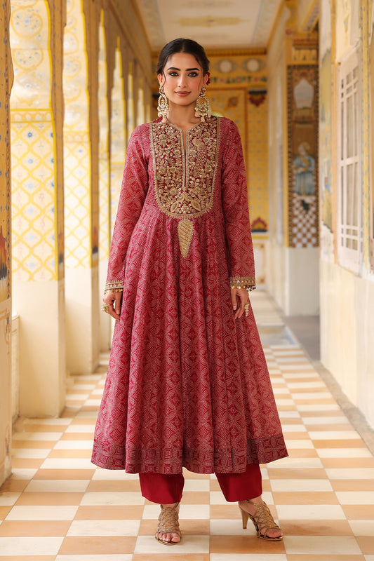 Ahista Maroon Printed Kalidar Set