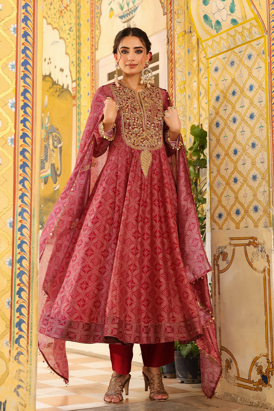 Ahista Maroon Printed Kalidar Set