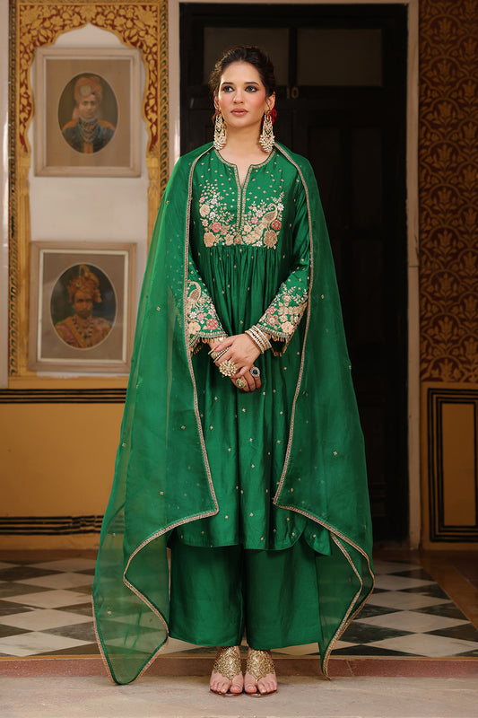 Ahista Green Mayur Applique Frockstyle Kurta Set