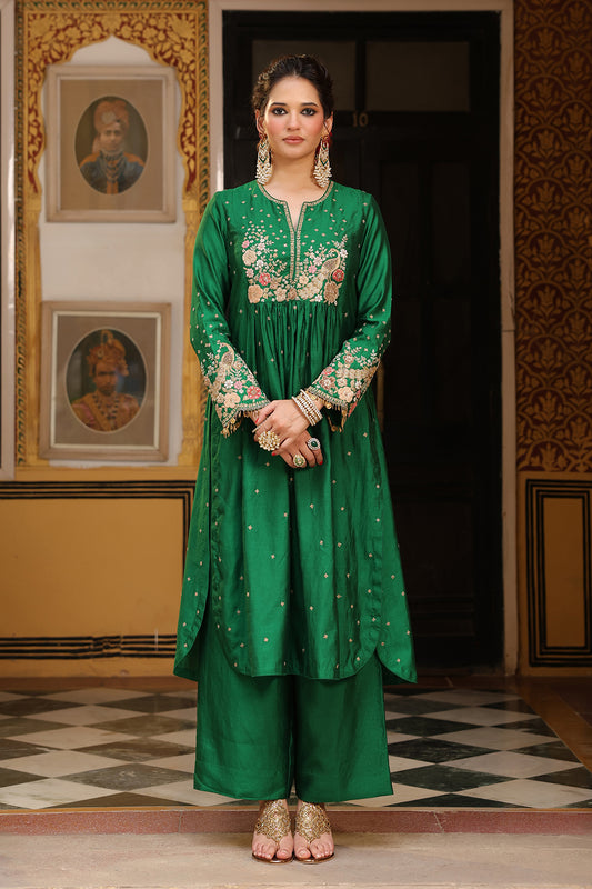 Ahista Green Mayur Applique Frockstyle Kurta Set