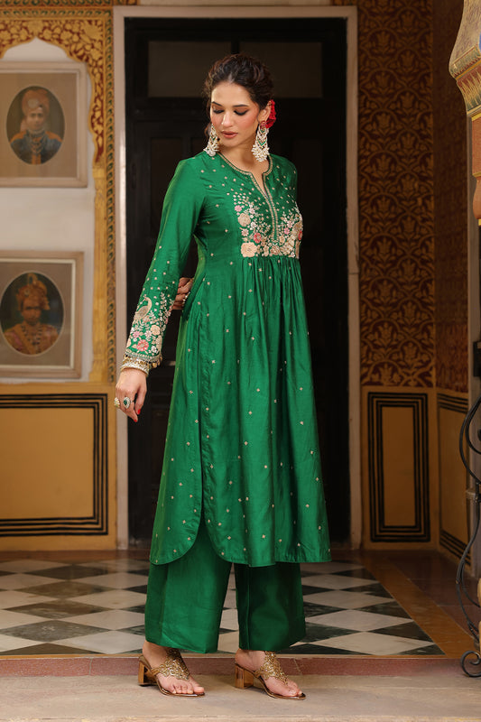 Ahista Green Mayur Applique Frockstyle Kurta Set