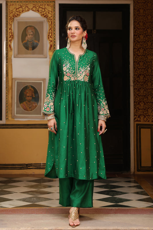 Ahista Green Mayur Applique Frockstyle Kurta Set