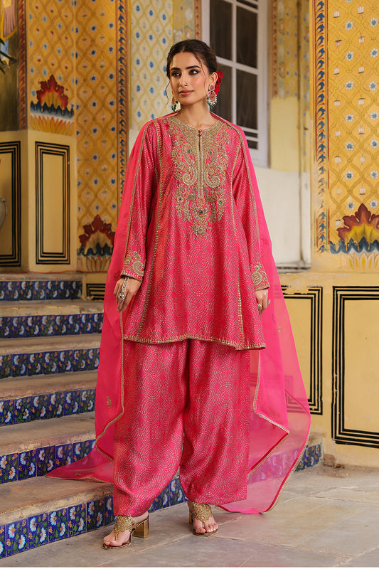 Ahista Pink Printed Pheran Short Kurta Set
