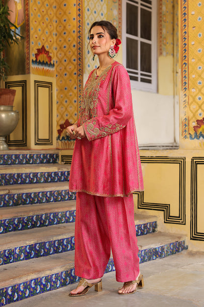 Ahista Pink Printed Pheran Short Kurta Set