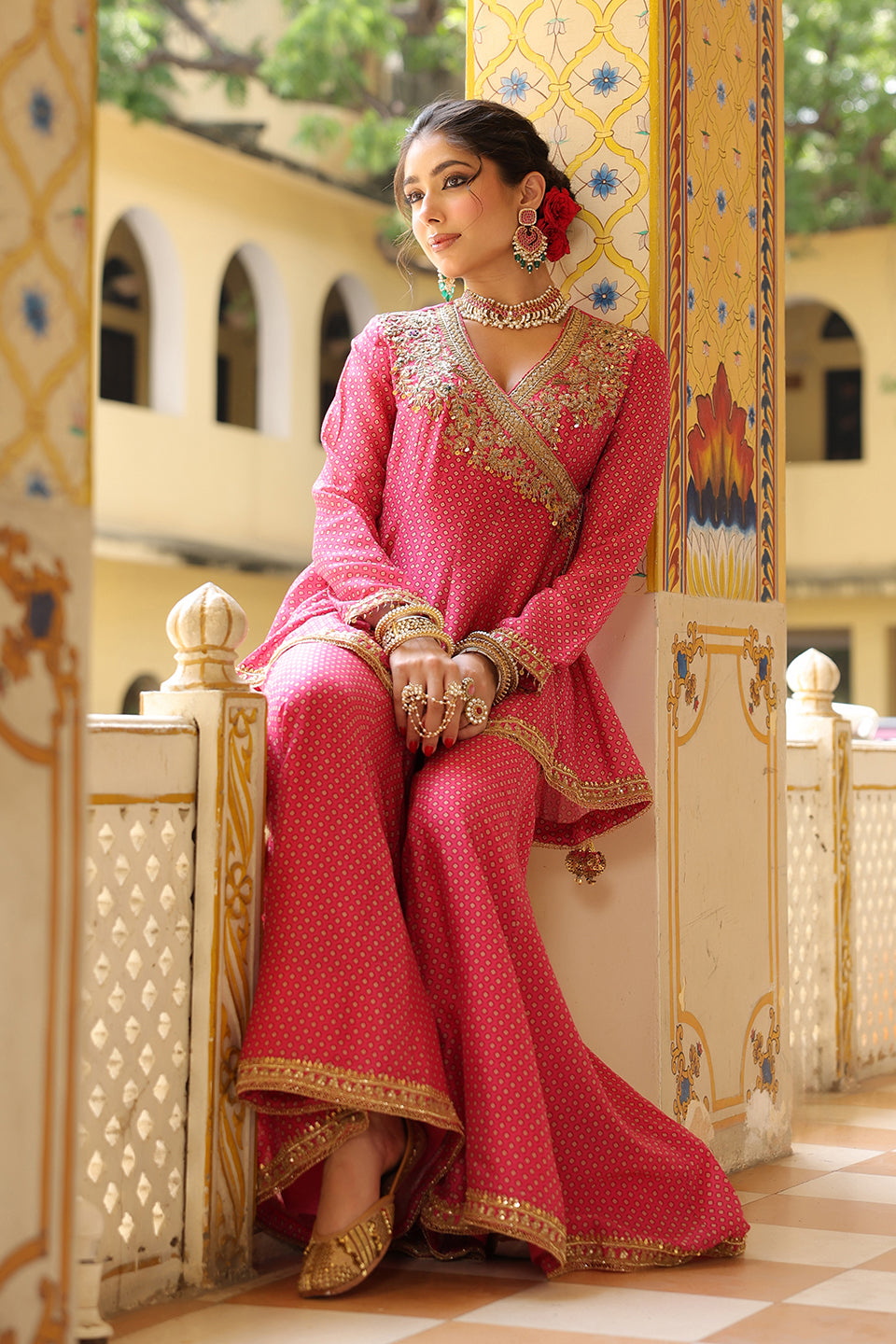 Ahista Pink Printed Angrakha Sharara Set