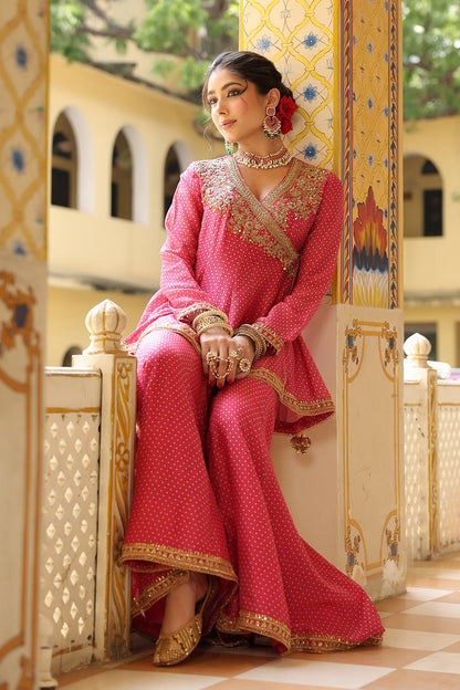 Ahista Pink Printed Angrakha Sharara Set