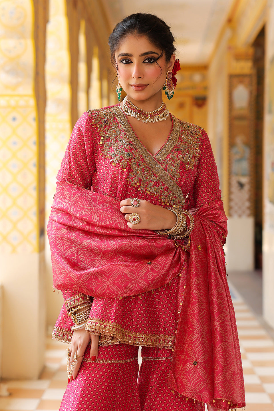 Ahista Pink Printed Angrakha Sharara Set