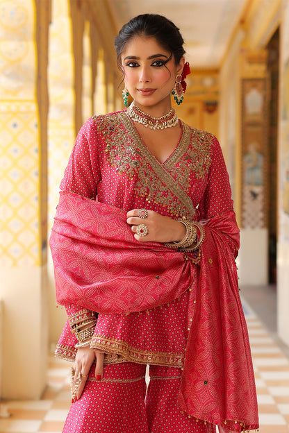 Ahista Pink Printed Angrakha Sharara Set