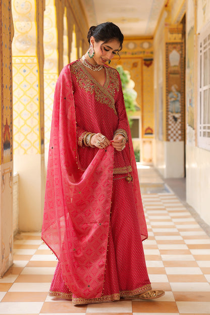 Ahista Pink Printed Angrakha Sharara Set