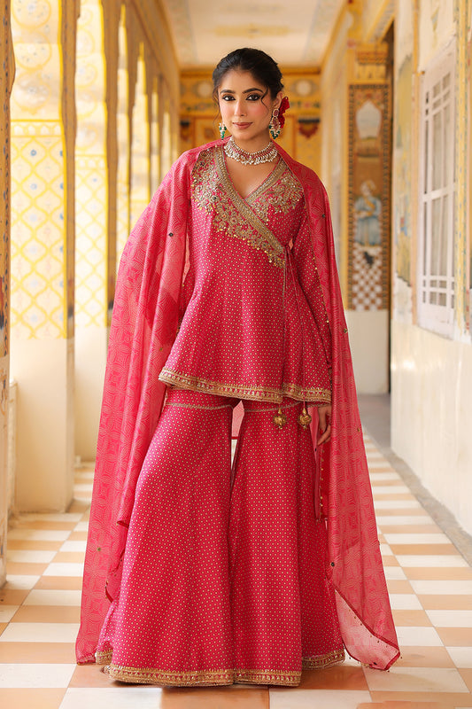 Ahista Pink Printed Angrakha Sharara Set