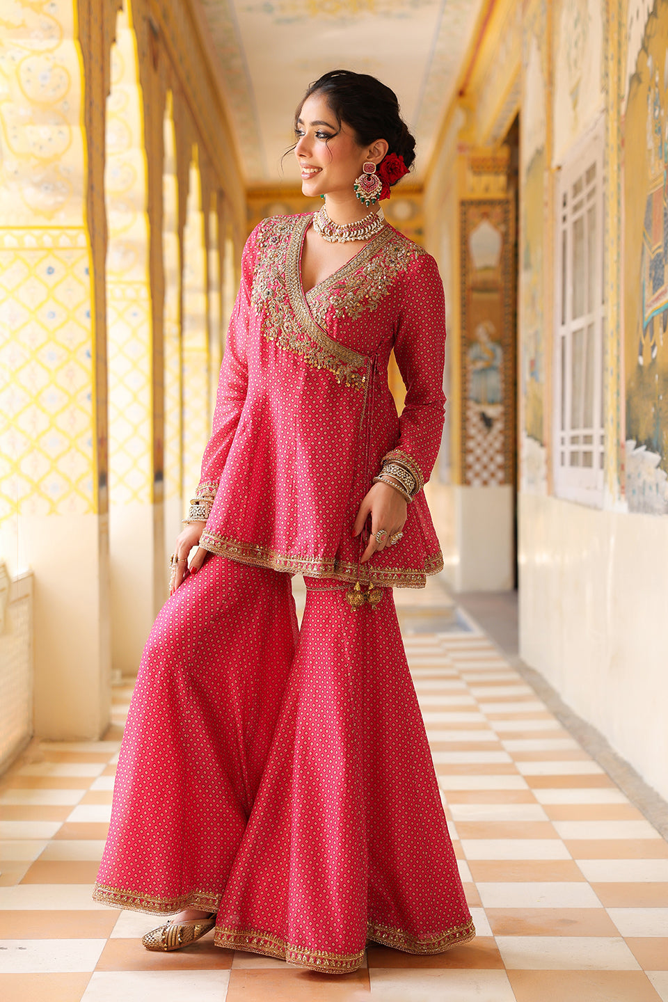 Ahista Pink Printed Angrakha Sharara Set