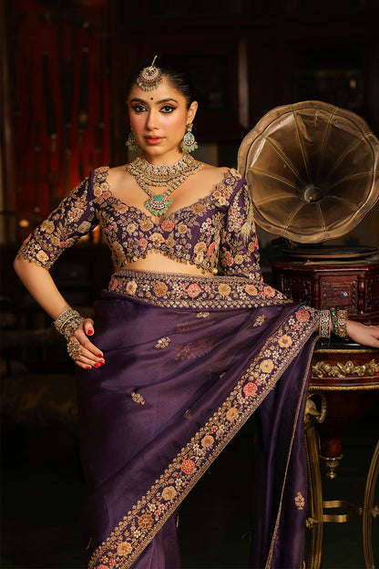 Ahista Purple Mayur Applique Border Saree Set