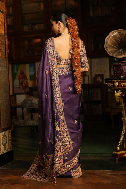 Ahista Purple Mayur Applique Border Saree Set