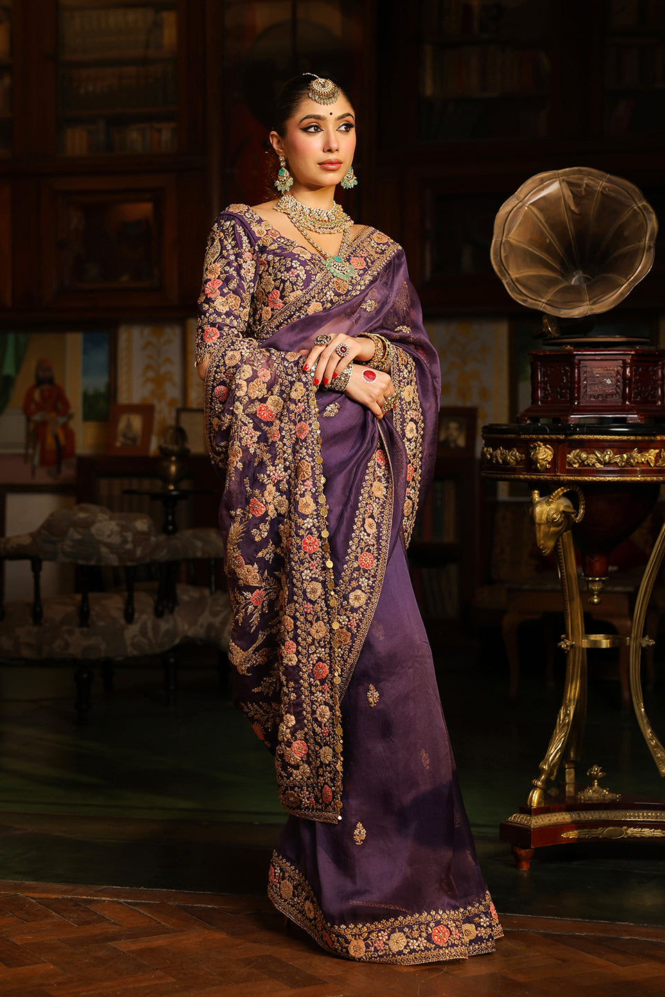 Ahista Purple Mayur Applique Border Saree Set