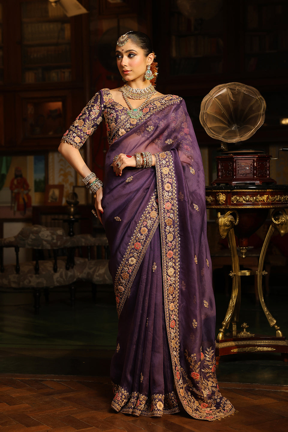 Ahista Purple Mayur Applique Border Saree Set