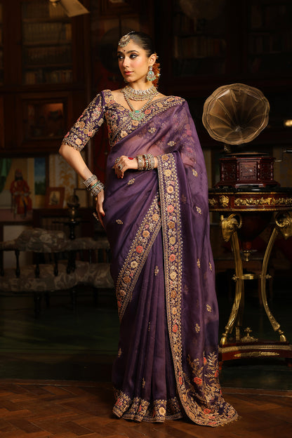 Ahista Purple Mayur Applique Border Saree Set
