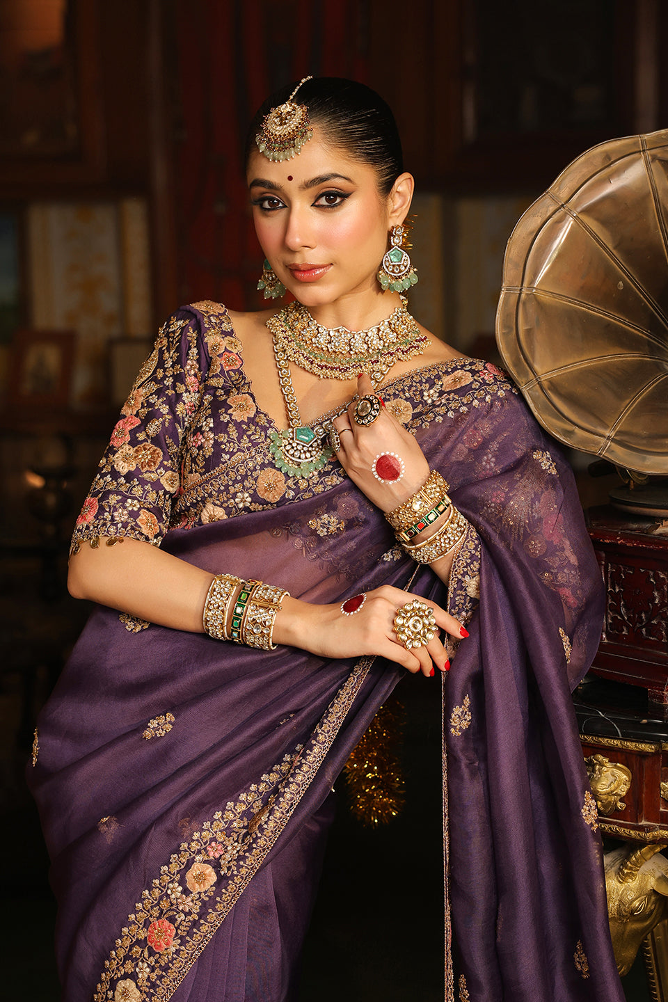 Ahista Purple Mayur Applique Border Saree Set