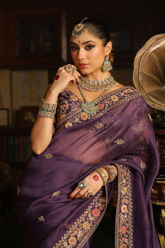 Ahista Purple Mayur Applique Border Saree Set