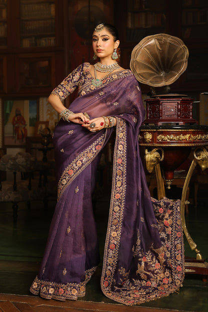 Ahista Purple Mayur Applique Border Saree Set