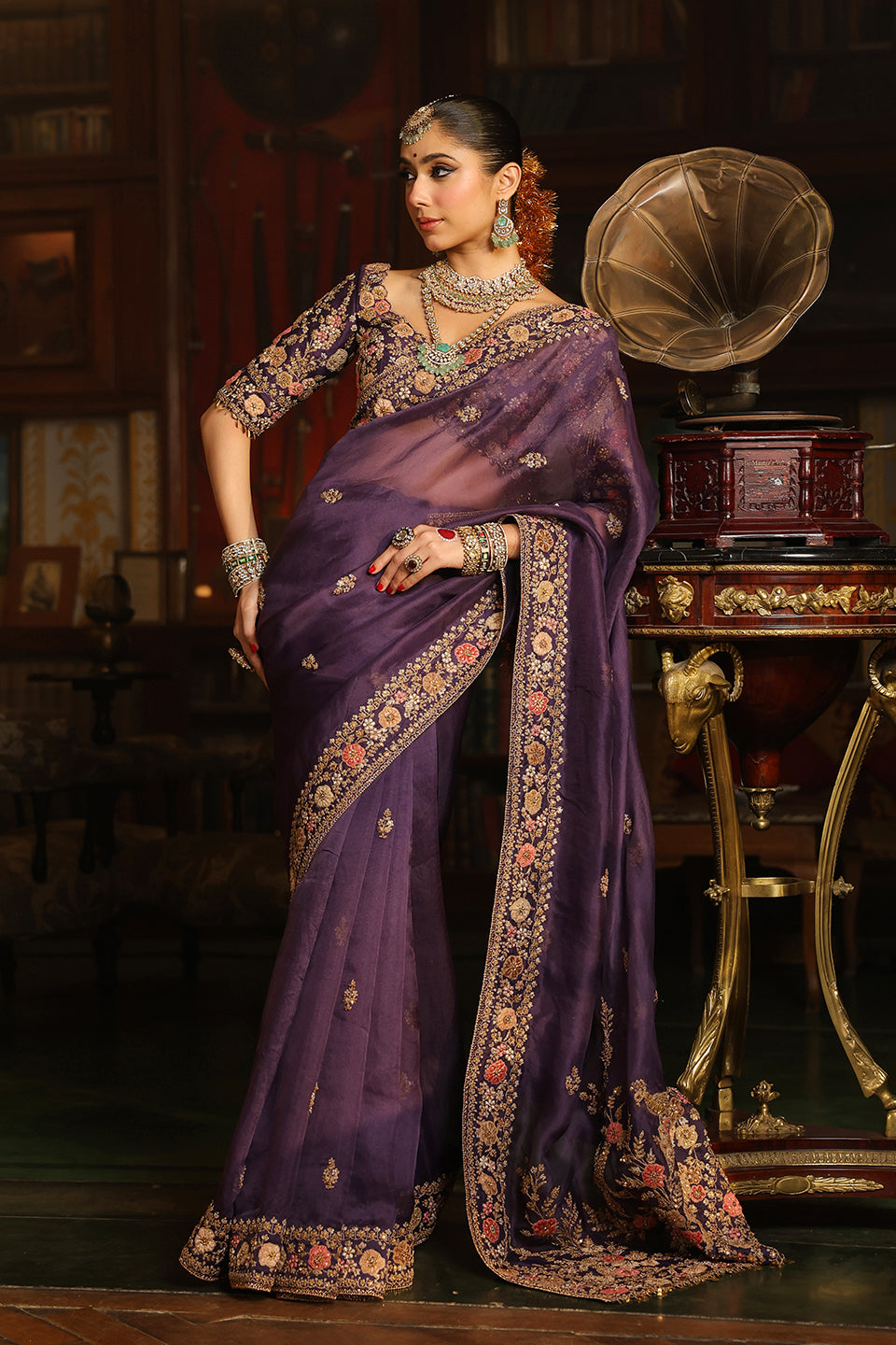 Ahista Purple Mayur Applique Border Saree Set