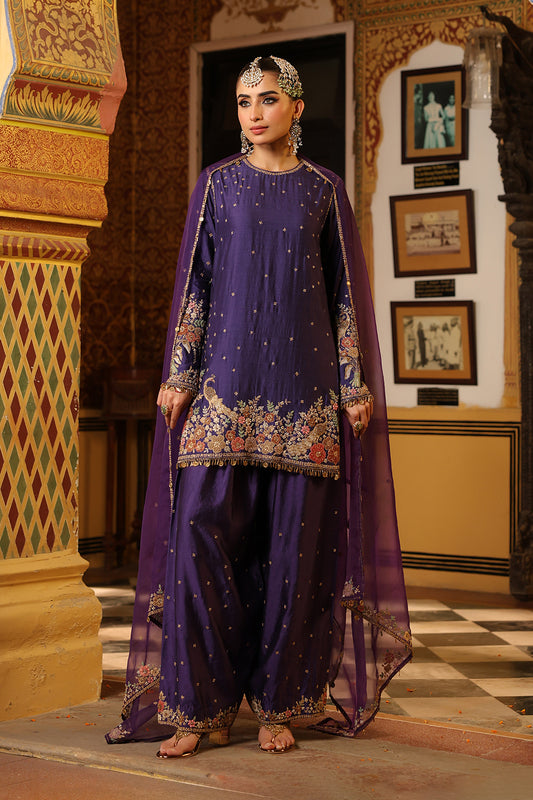 Ahista Purple Mayur Applique Short Kurta Set