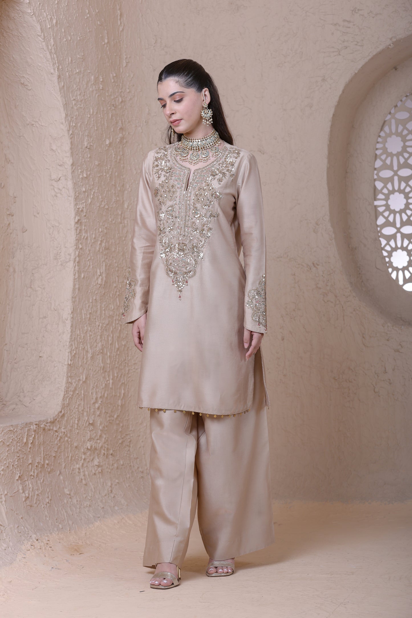 Rangrez Ivory Aari dori Short Kurta Set