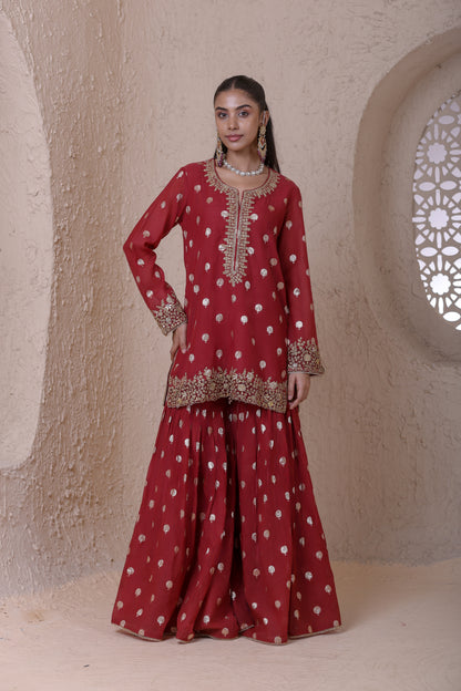Rangrez Maroon Butti Sharara Set