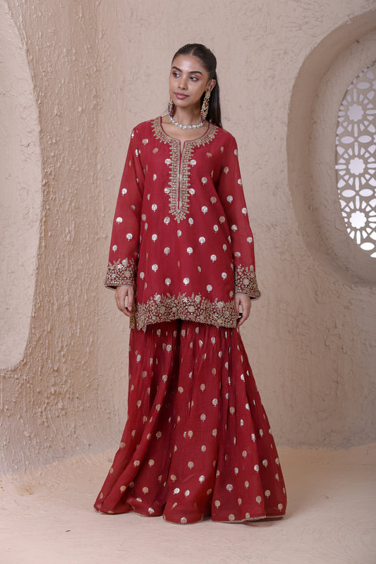 Rangrez Maroon Butti Sharara Set
