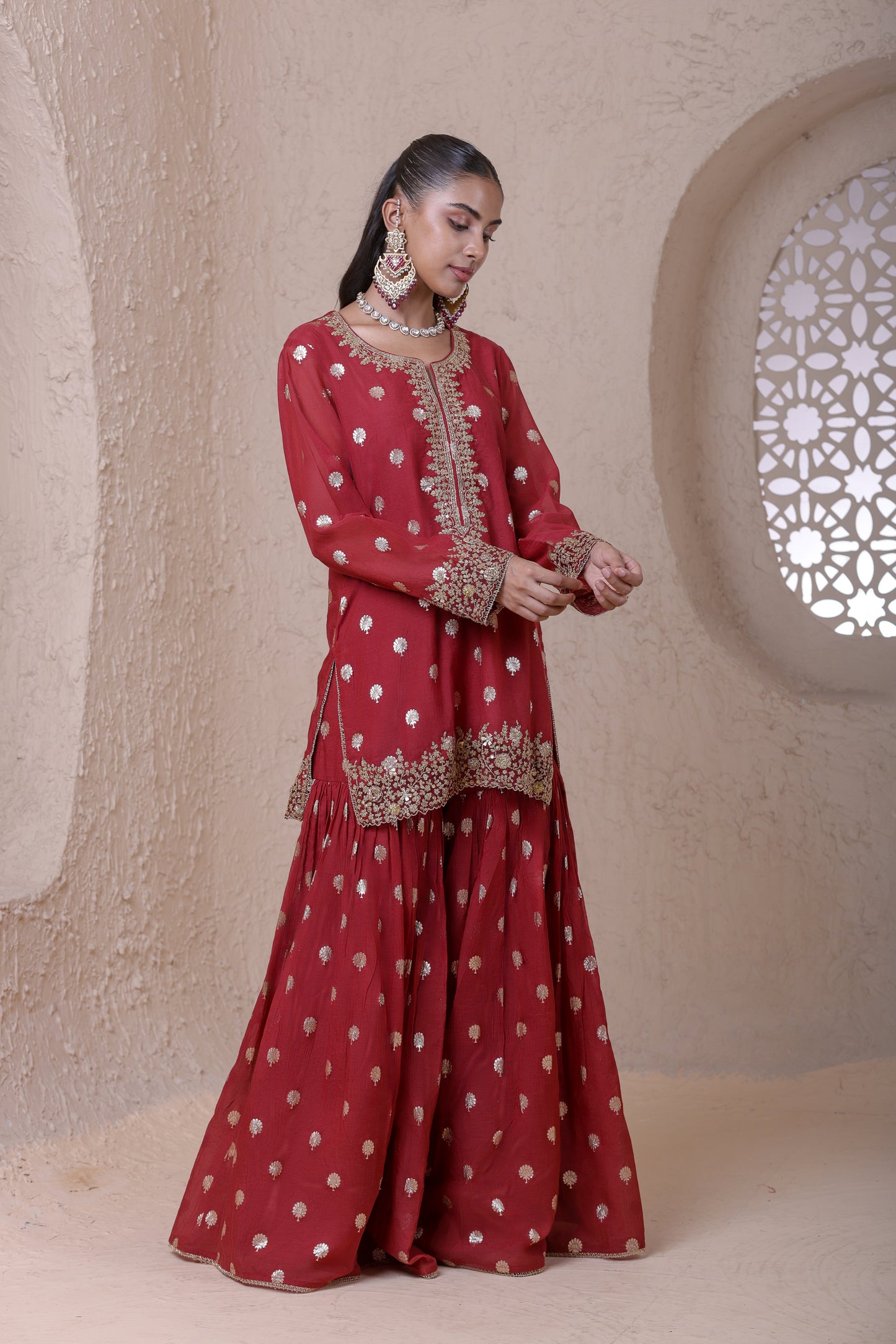 Rangrez Maroon Butti Sharara Set